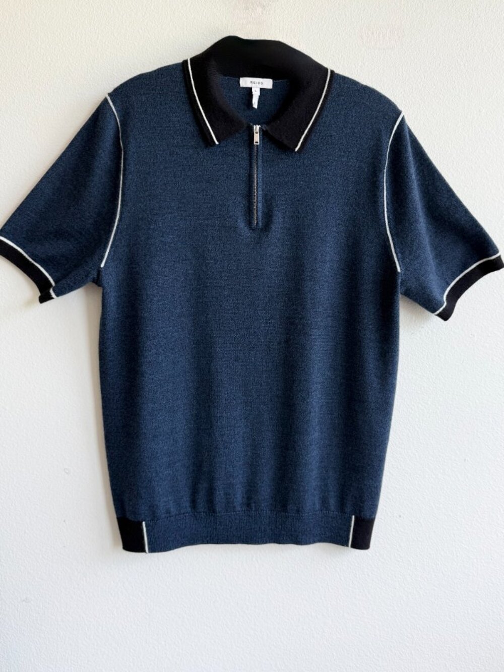 Reiss Wool Blend Quarter Zip Polo Sweater Navy Blue Large Classic